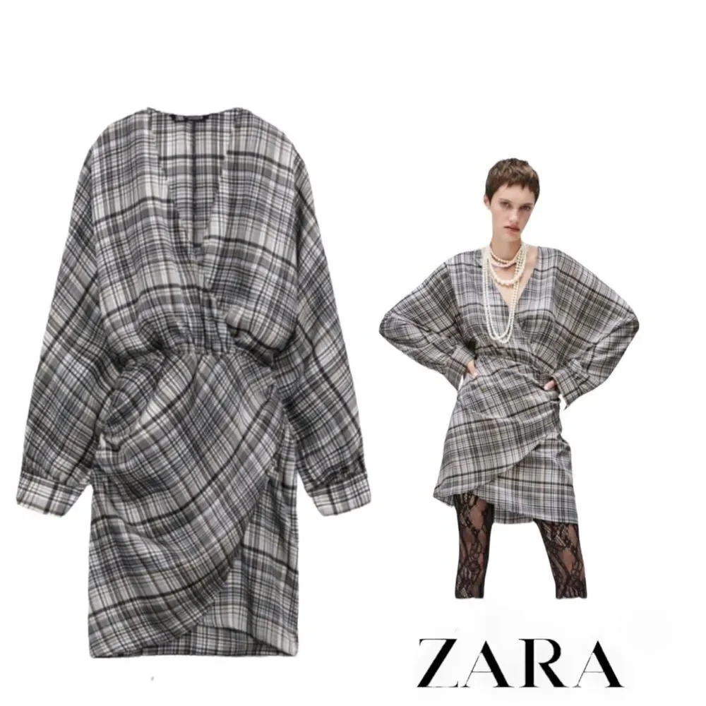 ZARA | Gray | PLAID SATIN EFFECT DRESS
